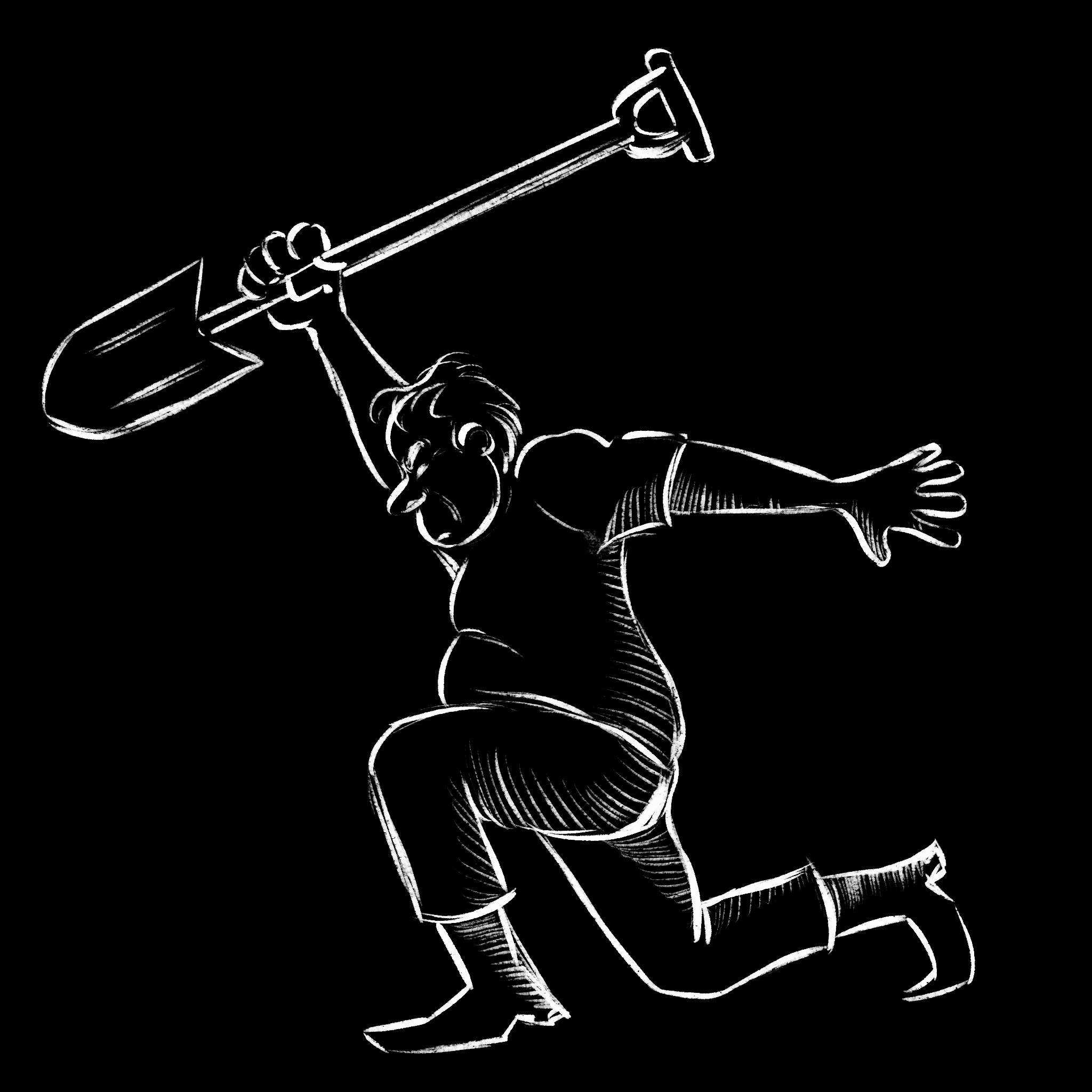 A chalk drawing of a figure raising a shovel