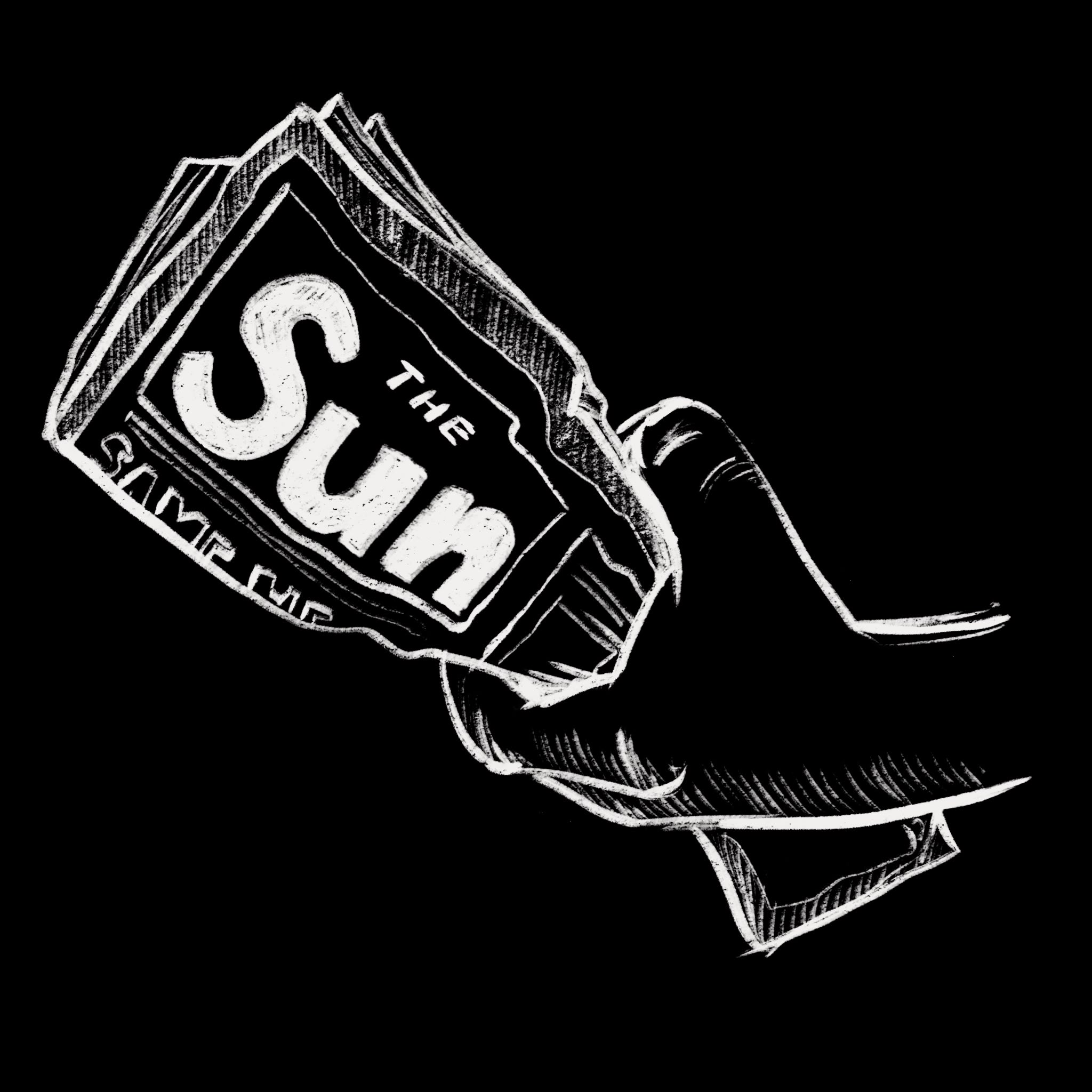 A chalk drawing of a hand holding The Sun newspaper